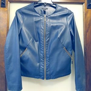 Navy Blue Faux Leather Jacket